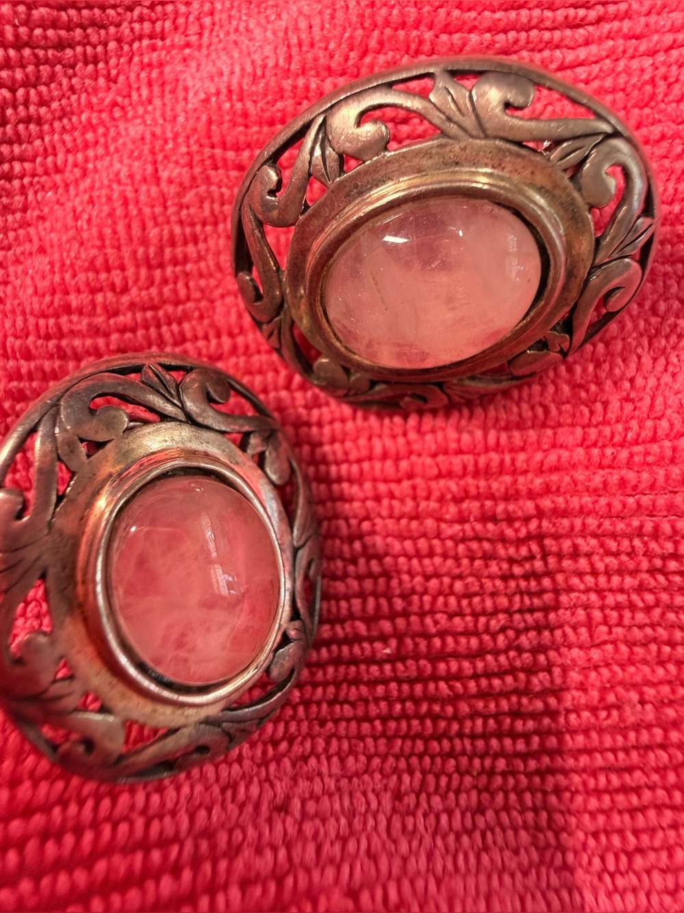 Vintage Real Rose Quartz Filigree Earrings - Pink sterling silver